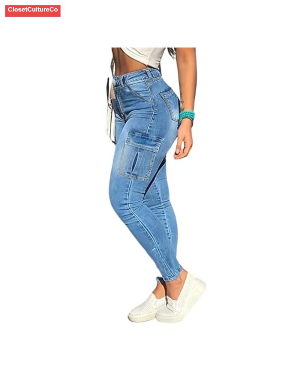 Skinny Cargo Pants High Waisted Stretchy Jeans Slim Fit Six Pockets
